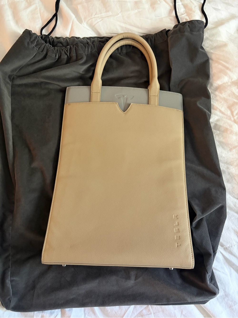 Tesla Two-Tone Beige and Light Gray Leather Tote